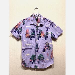 VINTAGE Spirited Away Men Button Up Shirt Purple Bathhouse Graphic Y2K Medium